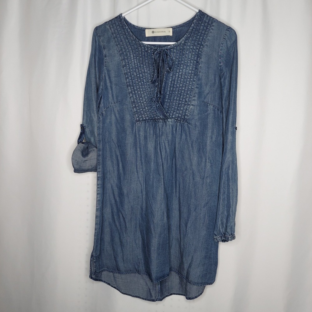 The Impeccable Pig Dress Small Blue Chambray Pleated Tie Neck Long Roll Sleeve